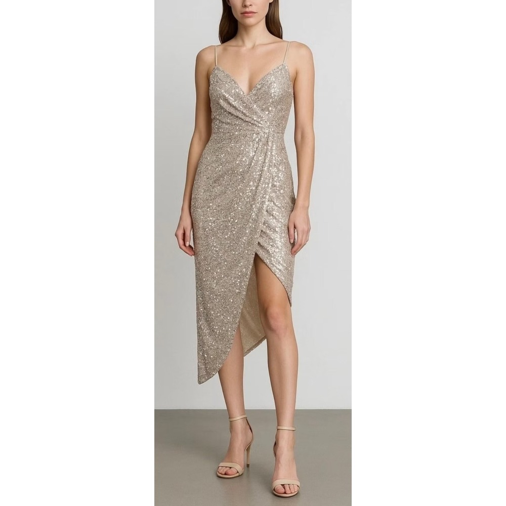 NWT Mac Duggal Asymmetrical Gold Slit Dress / Size 8 / MSRP $298